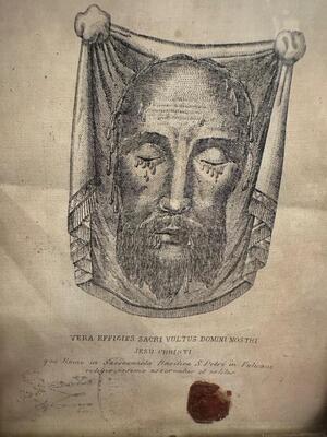 Veil / Sudarium Of Veronica Originally Sealed With Document en Wood / Glass / Originally Sealed (Pope Leo XIII, Italy  19 th century ( Anno 1881 )