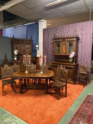 Dining Room  style Gothic - Style en Walnut wood / Glass / Leather, France 19 th century