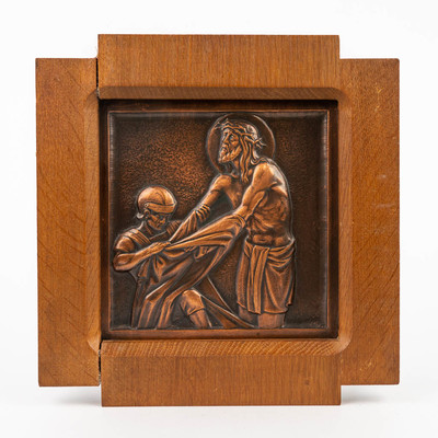 Stations Of The Cross éMile Salmon (1840-1913)  style art - deco en Brass / Oak Wooden Frames, Belgium 20 th century