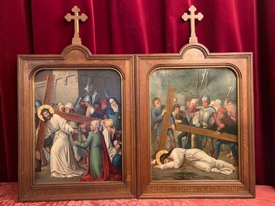 Complete Series Hand-Painted Stations Of The Cross Nazarene-Style en Hand Painted / Oak Frames, France 19th century ( anno 1890 )