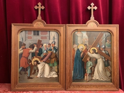 Complete Series Hand-Painted Stations Of The Cross Nazarene-Style en Hand Painted / Oak Frames, France 19th century ( anno 1890 )