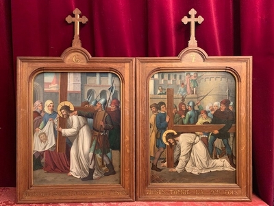 Complete Series Hand-Painted Stations Of The Cross Nazarene-Style en Hand Painted / Oak Frames, France 19th century ( anno 1890 )