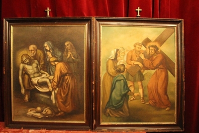 Complete Series Stations Of The Cross en Colour Print on Board Framed, Belgium 19th century ( anno about 1925 )