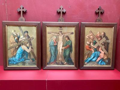 Complete Series Stations Of The Cross. Spots On Glass = Light - Shine Perfect Condition ! en Printed Lithography / Oak Frames, Belgium 20th century ( 1915 )