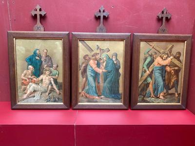 Complete Series Stations Of The Cross. Spots On Glass = Light - Shine Perfect Condition ! en Printed Lithography / Oak Frames, Belgium 20th century ( 1915 )