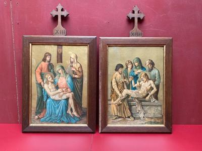 Complete Series Stations Of The Cross. Spots On Glass = Light - Shine Perfect Condition ! en Printed Lithography / Oak Frames, Belgium 20th century ( 1915 )