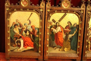 Complete Series Stations Of The Cross Hand - Painted On Zinc Oak Frames Perfect Condition style Gothic - style en Oak Frames / Painted on Zinc, Belgium 19th century (1870)