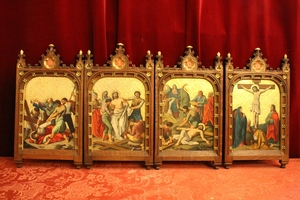 Complete Series Stations Of The Cross Hand - Painted On Zink Oak Frames Perfect Condition style Gothic - style en Oak Frames / Painted on Zinc, Belgium 19th century (1870)