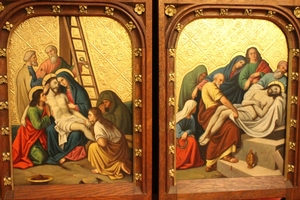 Complete Series Stations Of The Cross Hand - Painted On Zink Oak Frames Perfect Condition style Gothic - style en Oak Frames / Painted on Zinc, Belgium 19th century (1870)