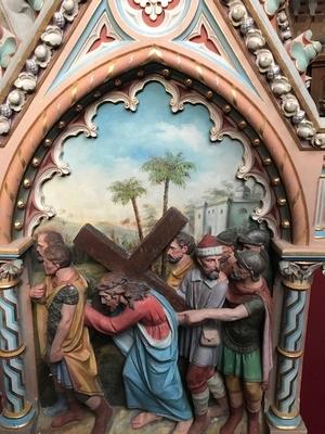 Exceptional Series Stations Of The Cross style Gothic - style en Terra-Cotta polychrome, France 19th century ( anno 1865 )