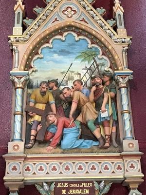 Exceptional Series Stations Of The Cross style Gothic - style en Terra-Cotta polychrome, France 19th century ( anno 1865 )