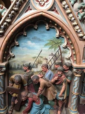 Exceptional Series Stations Of The Cross style Gothic - style en Terra-Cotta polychrome, France 19th century ( anno 1865 )