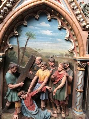 Exceptional Series Stations Of The Cross style Gothic - style en Terra-Cotta polychrome, France 19th century ( anno 1865 )