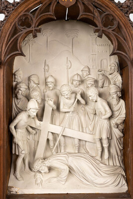 Stations Of The Cross. style Gothic - Style en Plaster / Oak Frames, Belgium  19 th century