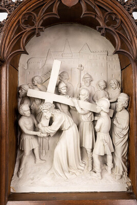 Stations Of The Cross... style Gothic - Style en Plaster / Oak Frames, Belgium  19 th century