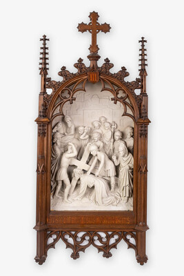 Stations Of The Cross  style Gothic - Style en Plaster / Oak Frames, Belgium  19 th century