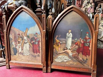 Stations Of The Cross  style Gothic - Style en Painted on Zinc / Oak Frames, France 19 th century ( Anno 1895 )