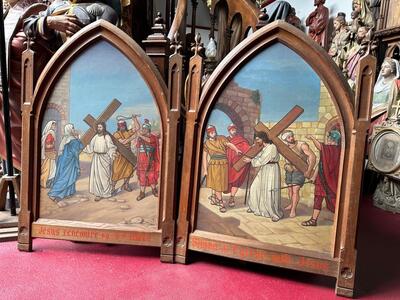 Stations Of The Cross  style Gothic - Style en Painted on Zinc / Oak Frames, France 19 th century ( Anno 1895 )