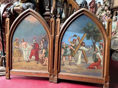 Stations Of The Cross  style Gothic - Style en Painted on Zinc / Oak Frames, France 19 th century ( Anno 1895 )