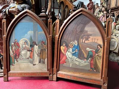 Stations Of The Cross  style Gothic - Style en Painted on Zinc / Oak Frames, France 19 th century ( Anno 1895 )