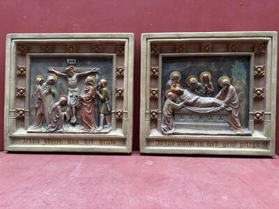 Stations Of The Cross  style Gothic - Style en Plaster polychrome, Belgium  19 th century ( Anno 1885 )