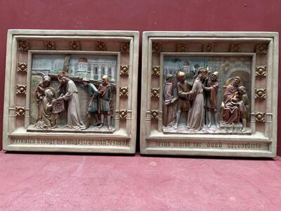 Stations Of The Cross  style Gothic - Style en Plaster polychrome, Belgium  19 th century ( Anno 1885 )