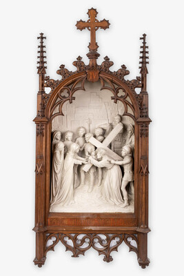 Stations Of The Cross  style Gothic - Style en Plaster / Oak Frames, Belgium  19 th century