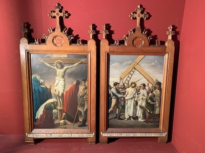 Stations Of The Cross style Gothic - style en Oak Frames / Painted on Zinc, Belgium 19th century ( anno 1875 )