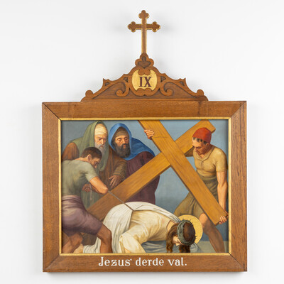 Stations Of The Cross style Gothic - Style en Hand-Painted Decors, Oil On Board, Belgium  19 th century