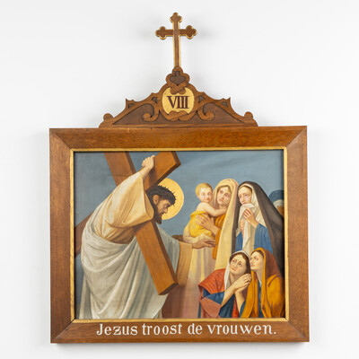 Stations Of The Cross style Gothic - Style en Hand-Painted Decors, Oil On Board, Belgium  19 th century