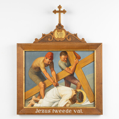 Stations Of The Cross style Gothic - Style en Hand-Painted Decors, Oil On Board, Belgium  19 th century