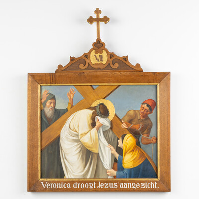Stations Of The Cross style Gothic - Style en Hand-Painted Decors, Oil On Board, Belgium  19 th century