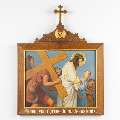 Stations Of The Cross style Gothic - Style en Hand-Painted Decors, Oil On Board, Belgium  19 th century