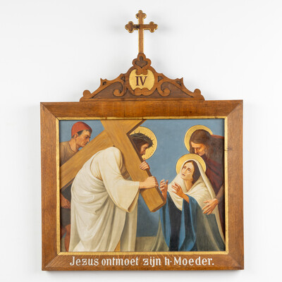Stations Of The Cross style Gothic - Style en Hand-Painted Decors, Oil On Board, Belgium  19 th century
