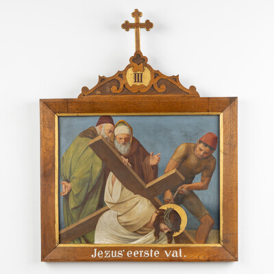 Stations Of The Cross style Gothic - Style en Hand-Painted Decors, Oil On Board, Belgium  19 th century