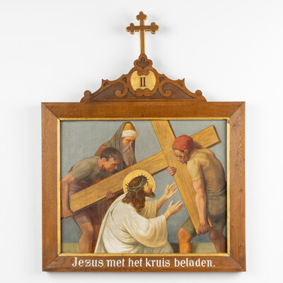 Stations Of The Cross style Gothic - Style en Hand-Painted Decors, Oil On Board, Belgium  19 th century