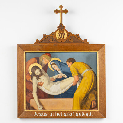 Stations Of The Cross. style Gothic - Style en Hand-Painted Decors, Oil On Board, Belgium  19 th century