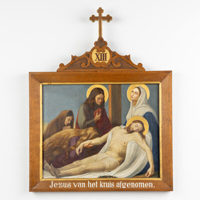 Stations Of The Cross. style Gothic - Style en Hand-Painted Decors, Oil On Board, Belgium  19 th century