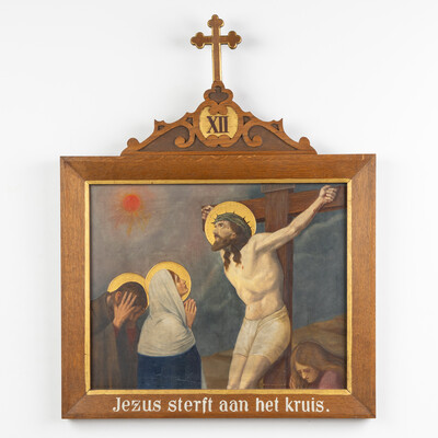 Stations Of The Cross. style Gothic - Style en Hand-Painted Decors, Oil On Board, Belgium  19 th century
