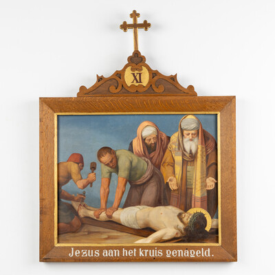 Stations Of The Cross. style Gothic - Style en Hand-Painted Decors, Oil On Board, Belgium  19 th century