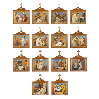 Stations Of The Cross style Gothic - Style en Hand-Painted Decors, Oil On Board, Belgium  19 th century