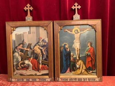 Stations Of The Cross  style Gothic - Style en Painted on Zinc Oak Frames, Belgium 19th century ( anno 1875 )