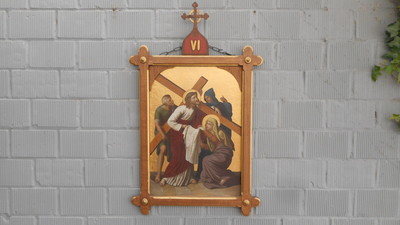 Stations Of The Cross  style Gothic - Style en Oak Frames Painted on Panel, Belgium 19 th century