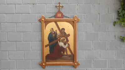 Stations Of The Cross  style Gothic - Style en Oak Frames Painted on Panel, Belgium 19 th century