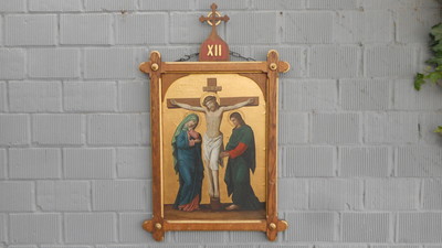 Stations Of The Cross  style Gothic - Style en Oak Frames Painted on Panel, Belgium 19 th century