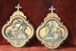 Stations Of The Cross style Gothic - style en plaster polychrome, Belgium 19th century / 1890