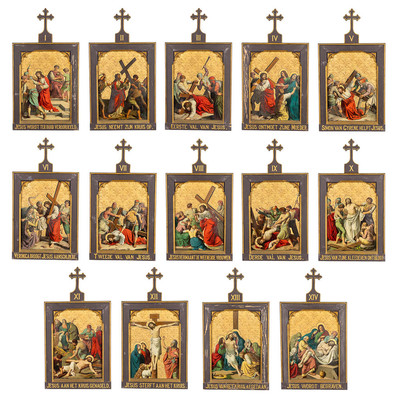 Stations Of The Cross  style Gothic - style en Painted on Brass Oak Frames, Belgium 19 th century