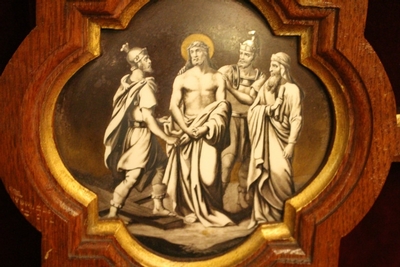 Stations Of The Cross  style Gothic - style en Painted on Porcelain Oak Frames, France 19th century (1902)