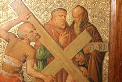 Stations Of The Cross style Gothic - style en Painted on zink / Oak Frames, Belgium 19th century ( anno 1890 )