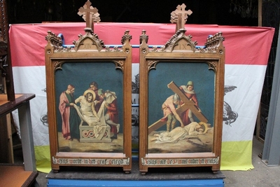 Stations Of The Cross Painted On Canvas style Gothic - style en Oak frames / Oilpainted on Canvas, Belgium 19th century ( anno 1875 )